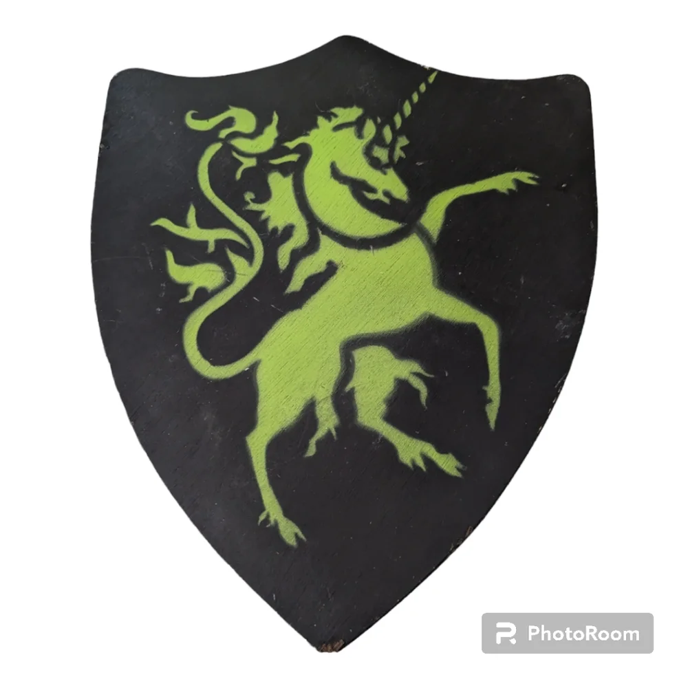 VTG Handmade Wooden Green Prancing Unicorn On Black Background Shield W Handle